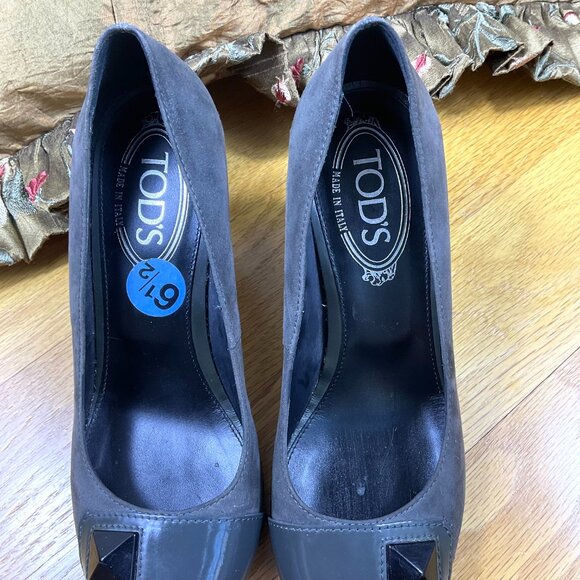 Tod’s Heels Pumps Suede Gray Mid Heel with Patent Leather Accent (37) - Picture 8 of 8